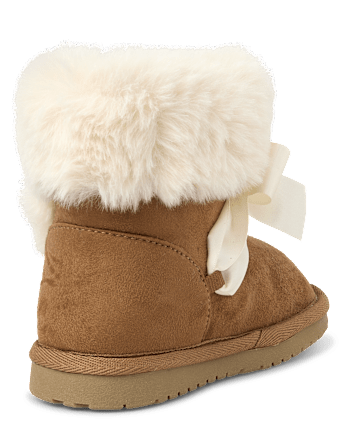 Girls Bow Faux Fur Chalet Boots - Little Essentials - TAN