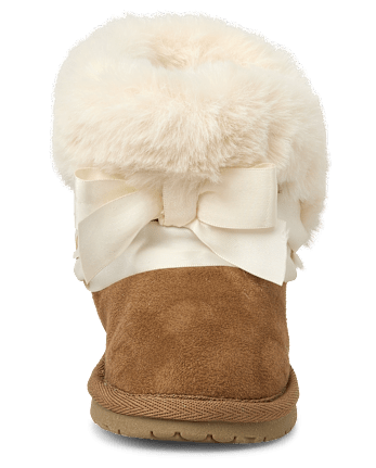 Girls Bow Faux Fur Chalet Boots - Little Essentials - TAN