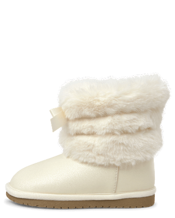 Girls Faux Fur Ribbon Chalet Boots - Little Essentials - WHITE