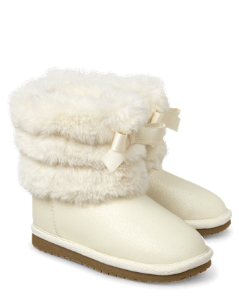 Girls Faux Fur Ribbon Chalet Boots - Little Essentials - WHITE