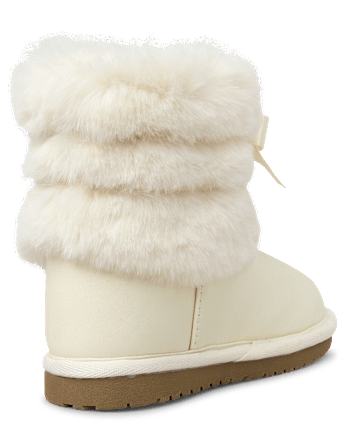 Girls Faux Fur Ribbon Chalet Boots - Little Essentials - WHITE