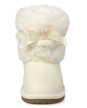 Girls Faux Fur Ribbon Chalet Boots - Little Essentials - WHITE