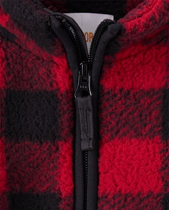 Boys Buffalo Plaid Sherpa Zip Up Jacket - Aspen Lodge - CRIMSON