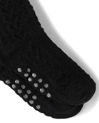 Girls Heart Cable Knit Tights - Little Essentials - BLACK