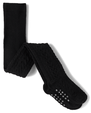 Girls Heart Cable Knit Tights - Little Essentials - BLACK