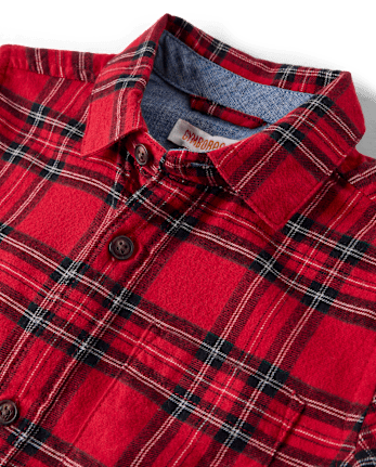 Boys Plaid Flannel Long Sleeve Button Front Woven Shirt - CRIMSON