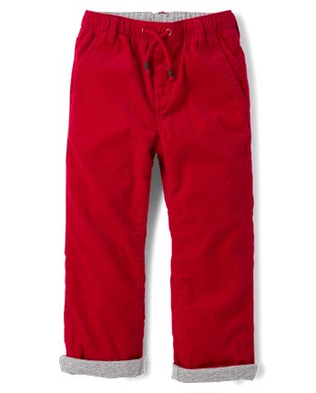 Boys Corduroy Roll Cuff Pull On Pants - Little Essentials - CRIMSON