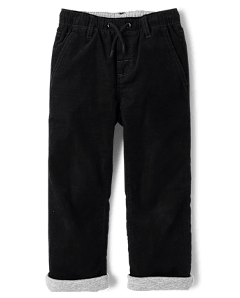 Boys Corduroy Roll Cuff Pull On Pants - Little Essentials - BLACK