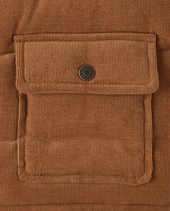 Boys Corduroy Sherpa-Lined Hooded Puffer Jacket - Little Essentials - ANTLER BROWN