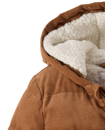 Boys Corduroy Sherpa-Lined Hooded Puffer Jacket - Little Essentials - ANTLER BROWN