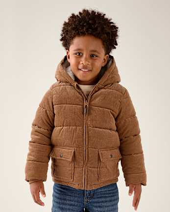 Boys Corduroy Sherpa-Lined Hooded Puffer Jacket - Little Essentials - ANTLER BROWN