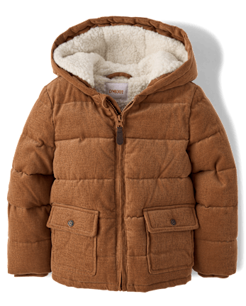Boys Corduroy Sherpa-Lined Hooded Puffer Jacket - Little Essentials - ANTLER BROWN