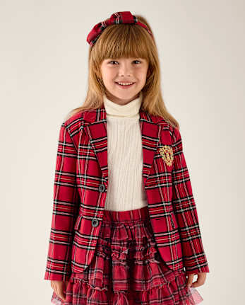 Boys Embroidered Plaid Flannel Blazer - Tartan Remix - CRIMSON