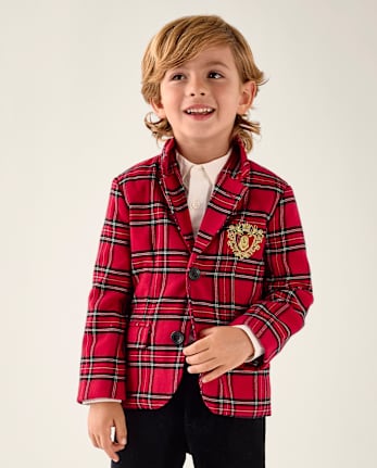 Boys Embroidered Plaid Flannel Blazer - Tartan Remix - CRIMSON