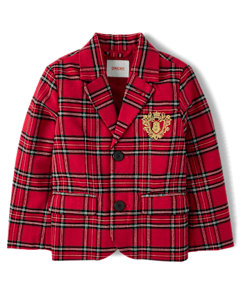 Boys Embroidered Plaid Flannel Blazer - Tartan Remix - CRIMSON