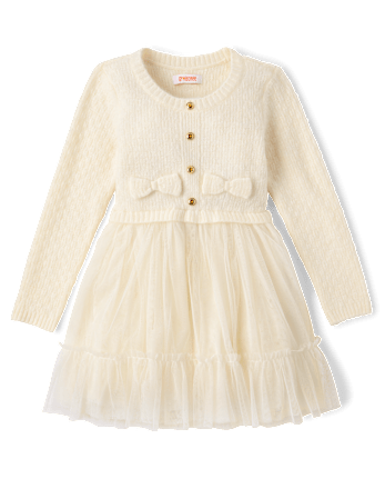 Girls Bow Faux Tweed Tutu Dress - Tartan Remix - FAIR IVORY