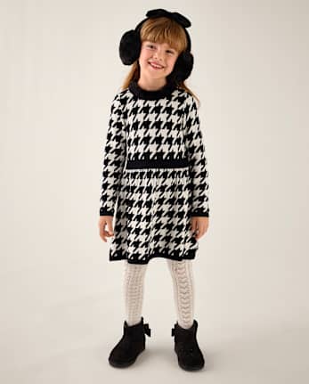 Girls Textured Houndstooth Sweater Dress - Aspen Lodge - FAIR IVORY