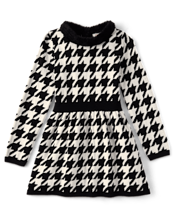 Girls Textured Houndstooth Sweater Dress - Aspen Lodge - FAIR IVORY