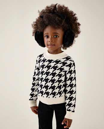 Girls Houndstooth Mock Neck Sweater - Aspen Lodge - BLACK
