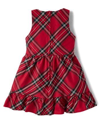 Girls Plaid Bow Ruffle Dress - Tartan Remix - CRIMSON