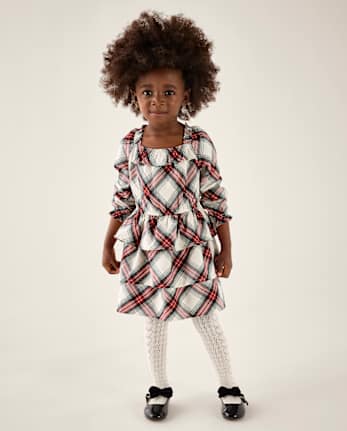 Girls Plaid Flannel Tiered Dress - Tartan Remix - FAIR IVORY