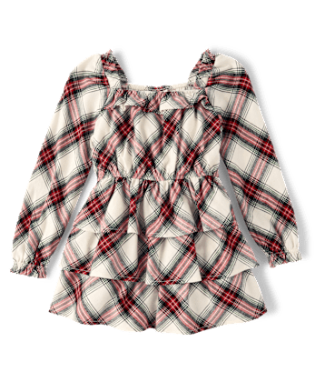 Girls Plaid Flannel Tiered Dress - Tartan Remix - FAIR IVORY