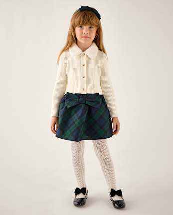 Girls Taffeta Pleated Bow Skirt - Tartan Remix - FIR