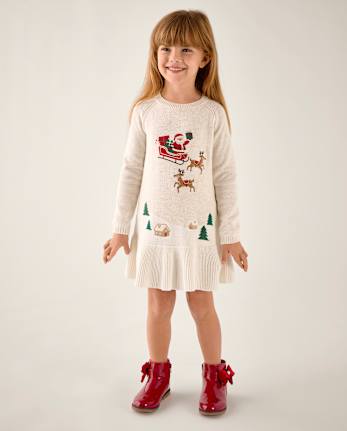 Girls Long Raglan Sleeve Embroidered Holiday Scene Peplum Sweater Dress - Tartan Remix - TAN