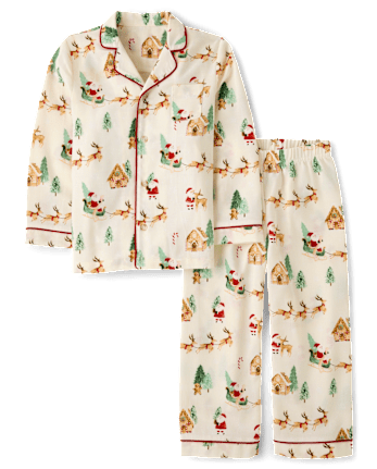 Kids Santa Flannel Button Front Pajamas - FAIR IVORY
