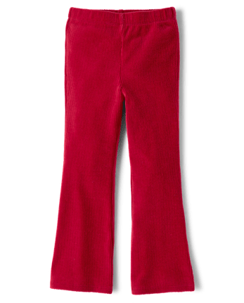 Girls Corded Velour Flare Leggings - Little Essentials - CRIMSON