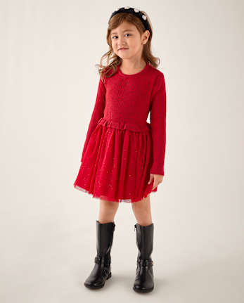 Girls Glitter Ruffle Tutu Dress - Little Essentials - CRIMSON