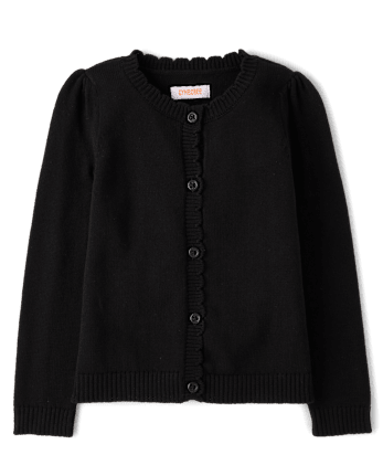 Girls Scalloped Cardigan - Little Essentials - BLACK