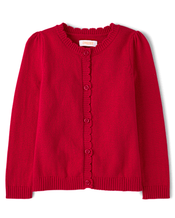 Girls Scalloped Cardigan - Little Essentials - CRIMSON