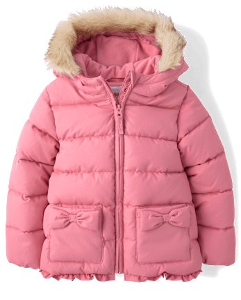 Girls Bow Ruffle Puffer Coat - Little Essentials - DECO SHELL