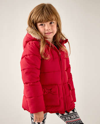 Girls Bow Ruffle Puffer Coat - Little Essentials - CRIMSON