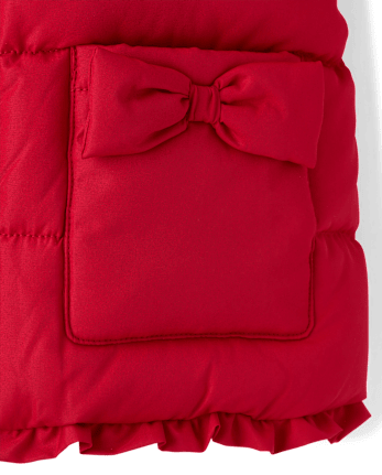 Girls Bow Ruffle Puffer Coat - Little Essentials - CRIMSON