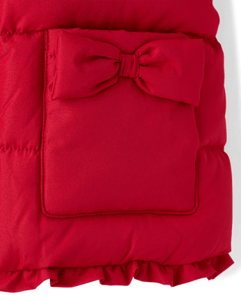 Girls Bow Ruffle Puffer Coat - Little Essentials - CRIMSON