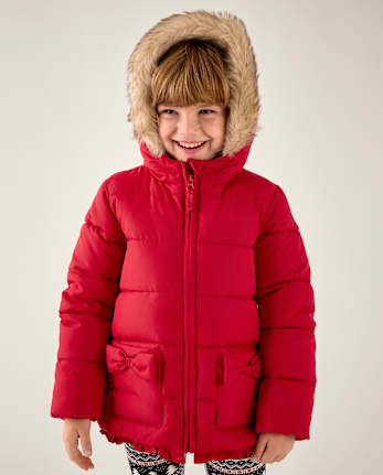 Girls Bow Ruffle Puffer Coat - Little Essentials - CRIMSON