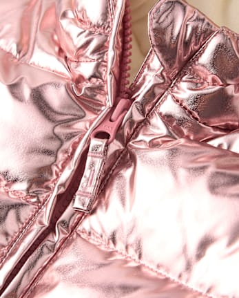 Girls Metallic Microfleece Lined Hooded Puffer Jacket - Little Essentials - METALLIC PINK