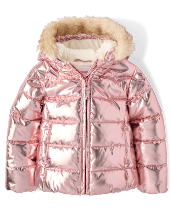 Girls Metallic Microfleece Lined Hooded Puffer Jacket - Little Essentials - METALLIC PINK