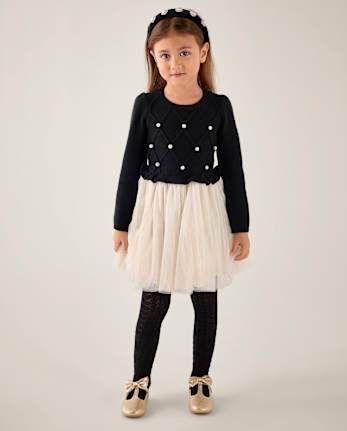 Girls Faux Pearl Tutu Dress - Tartan Remix - BLACK