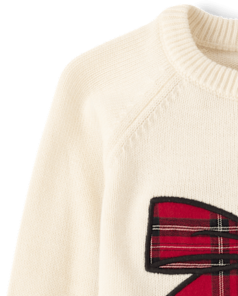 Girls Plaid Applique Bow Raglan Sweater - Tartan Remix - FAIR IVORY