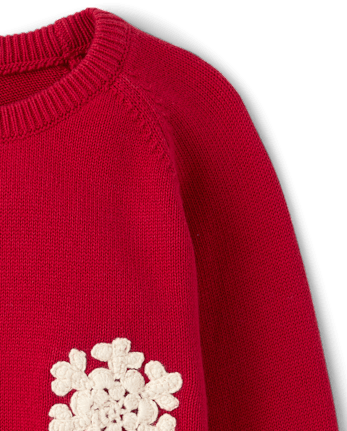 Girls Crochet Snowflake Raglan Sweater - Tartan Remix - CRIMSON
