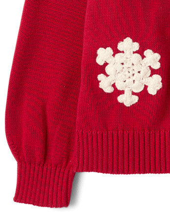 Girls Crochet Snowflake Raglan Sweater - Tartan Remix - CRIMSON