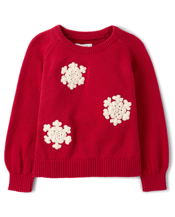 Girls Crochet Snowflake Raglan Sweater - Tartan Remix - CRIMSON