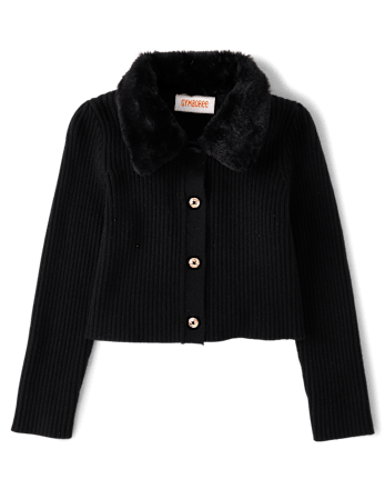 Girls Faux Fur Collar Cardigan - Tartan Remix - BLACK