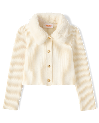 Girls Faux Fur Collar Cardigan - Tartan Remix - FAIR IVORY