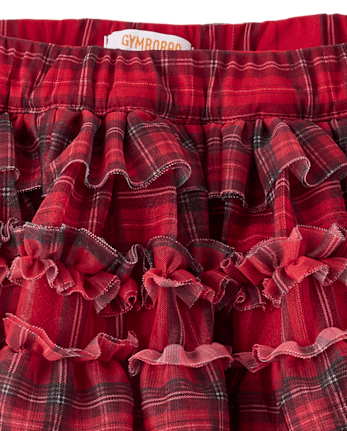 Girls Plaid Mesh Ruffle Tutu Skirt - Tartan Remix - CRIMSON