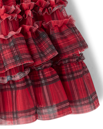 Girls Plaid Mesh Ruffle Tutu Skirt - Tartan Remix - CRIMSON