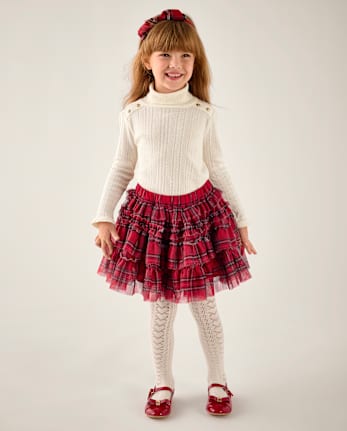 Girls Plaid Mesh Ruffle Tutu Skirt - Tartan Remix - CRIMSON